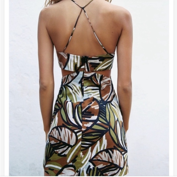 Zara 8054/528/505 Zara Cutouts Tropical Print Linen Mini Dress sz S - Picture 4 of 13